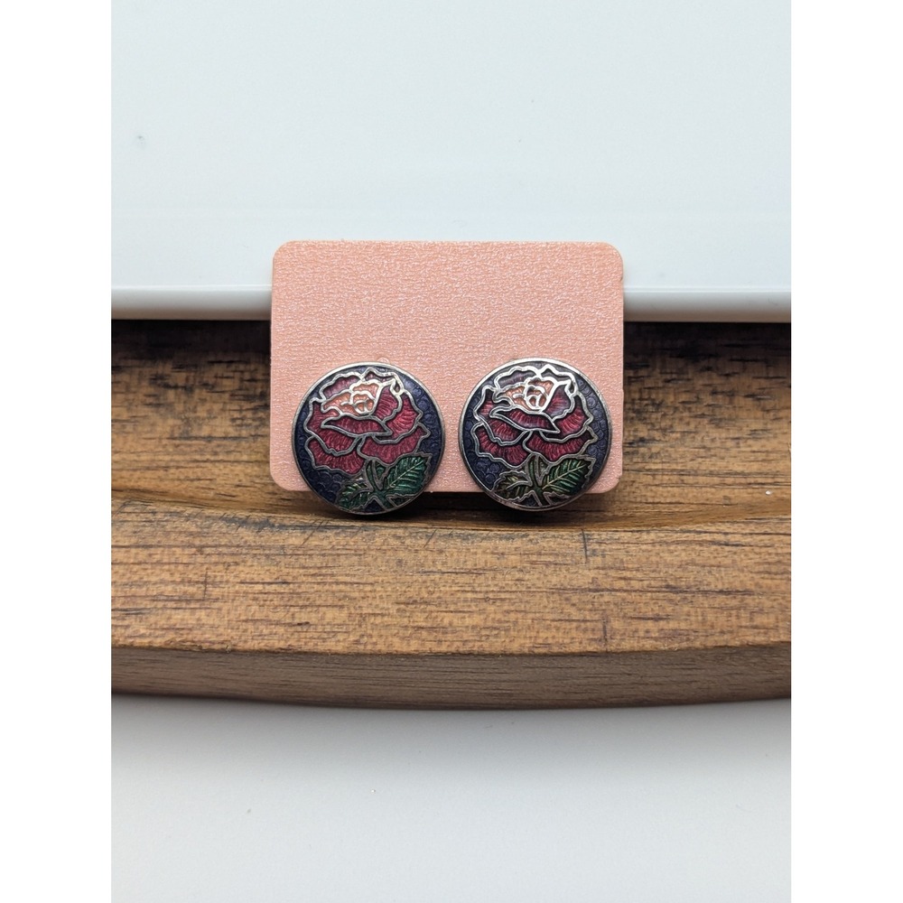 Unbranded Rose Cloisonne Enamel Clip On Earrings Womens OS Red Silver‎ Floral
